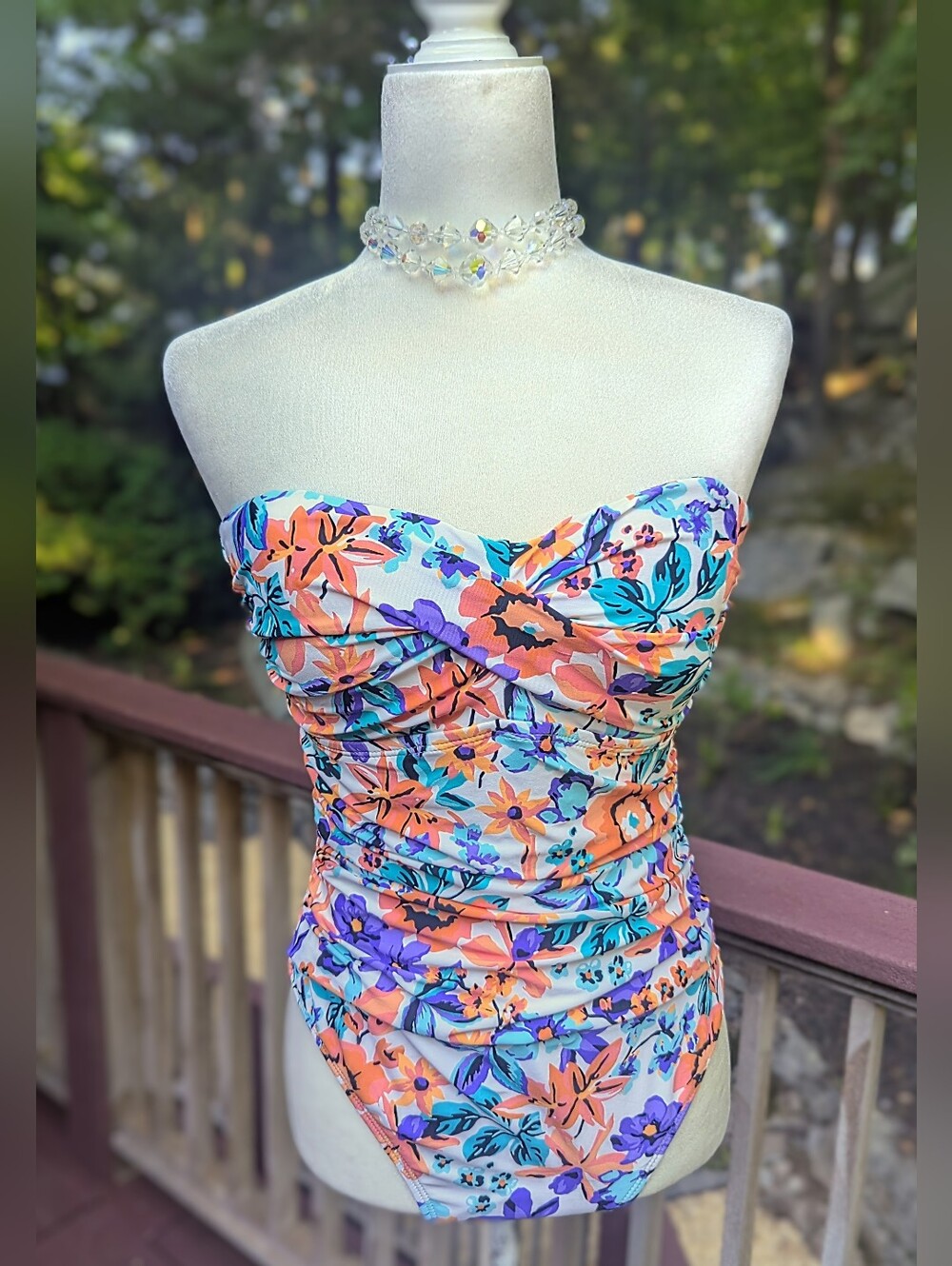 Catalina Strapless Floral Ruched Swimdress in Coral, Teal & Purple #839